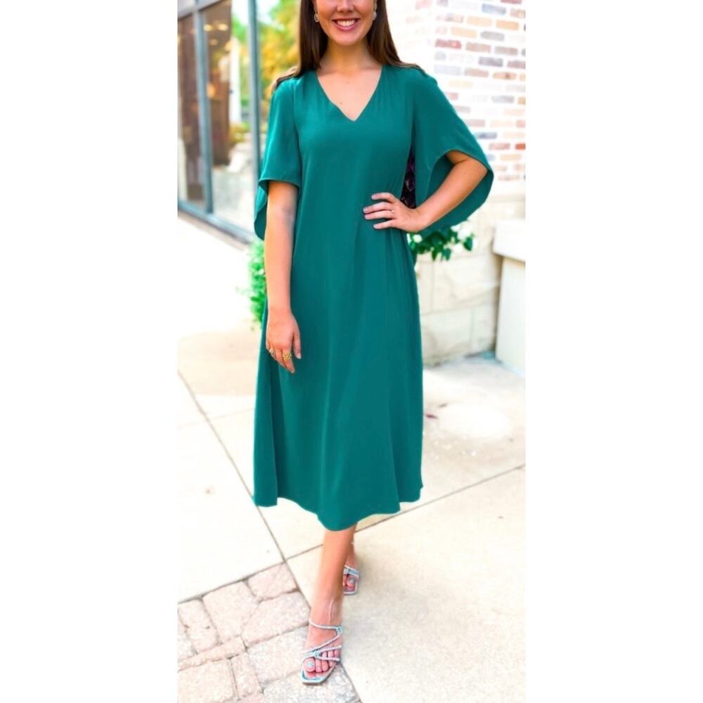 Anna Cate Meredith Midi Dress Womens XS Proud Peacock Crepe Tulip Sleeve